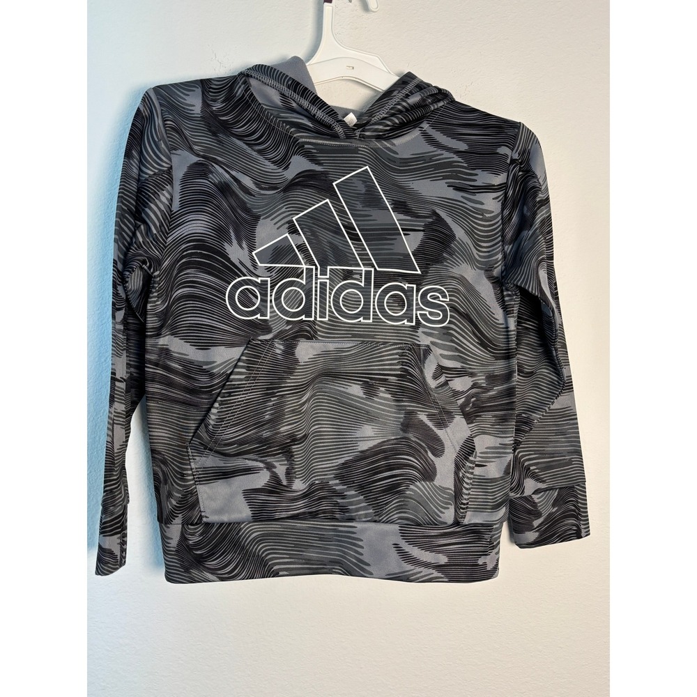Adidas Boys Grey Black Wave Print Fleece Hoodie Sweatshirt Size S 8